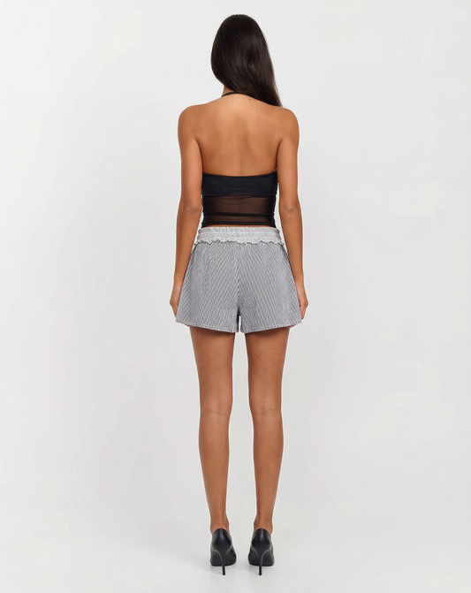 Eira | Striped Linen Shorts White High Waisted Drawstring