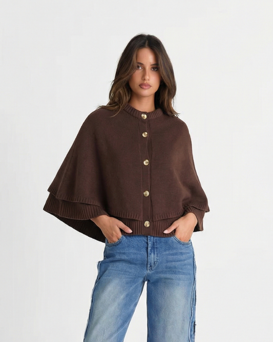 Margot | Ribbed Button Front Cardigan Brown Cape Sleeve