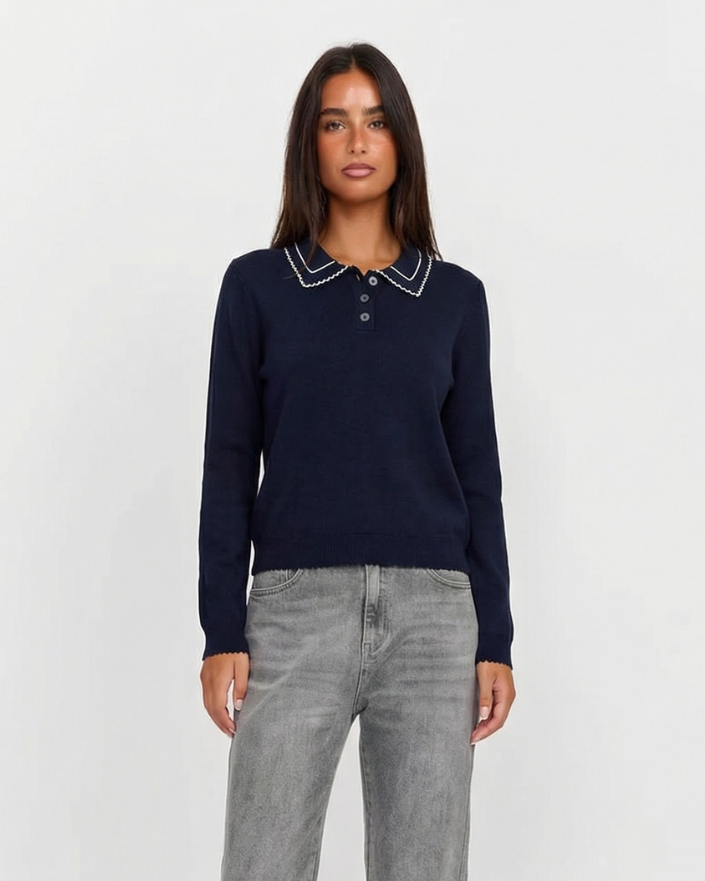 Margot | Preppy Peter Pan Collar Blouse Navy Long Sleeve