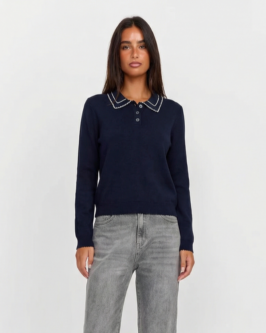 Ines | Peter Pan Collar Blouse Navy Long Sleeve Knitted