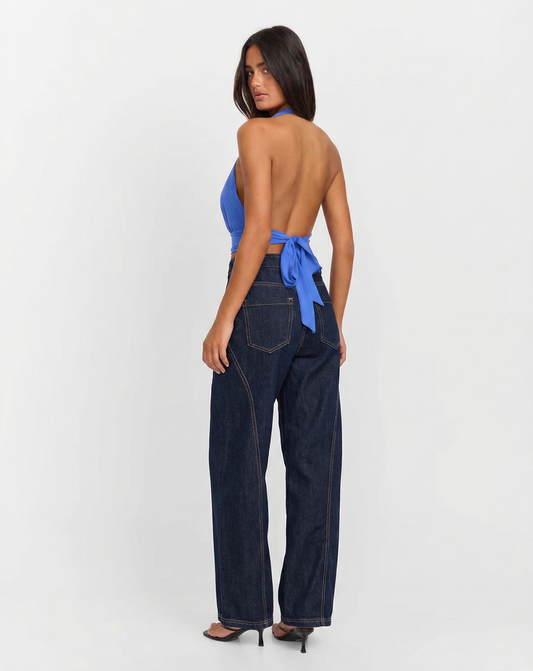 Margot | Wide Leg Jeans Dark Blue High Waisted Contrast Stitch