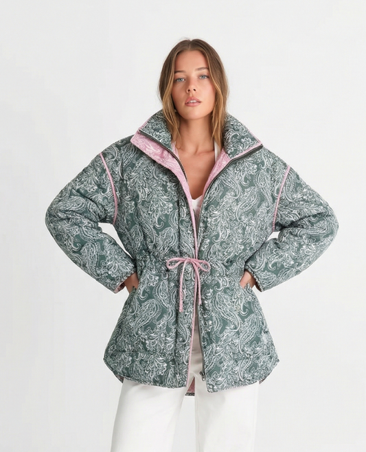 Rhea | Quilted Puffer Jacket Green Paisley Print Oversized Drawstring