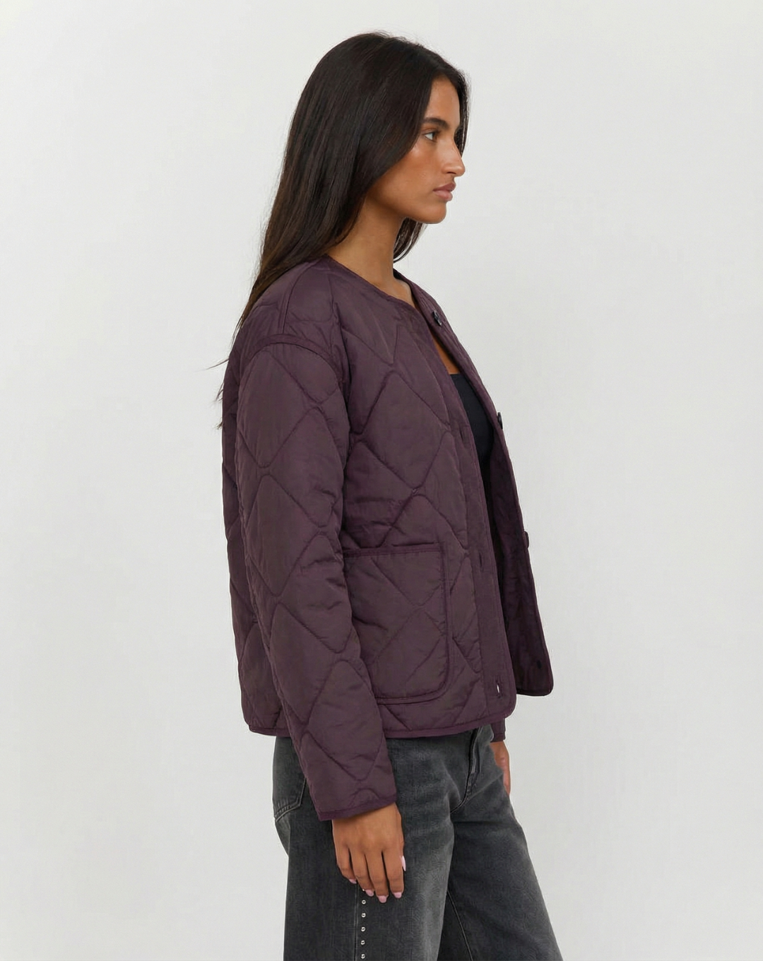 Vera | Autumn Quilted Jacket Purple Collarless Button Front