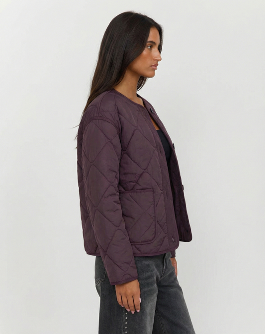 Vera | Autumn Quilted Jacket Purple Collarless Button Front