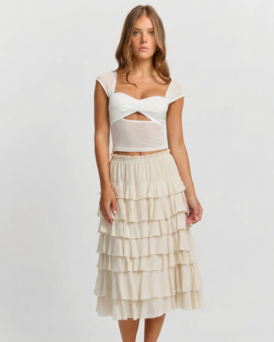Mina | Summer Tiered Midi Skirt Cream Ruffle Layered