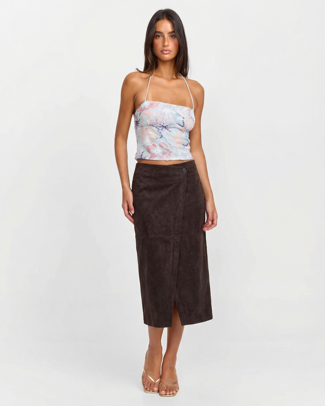 Margot | Suede Wrap Midi Skirt Brown Button Front
