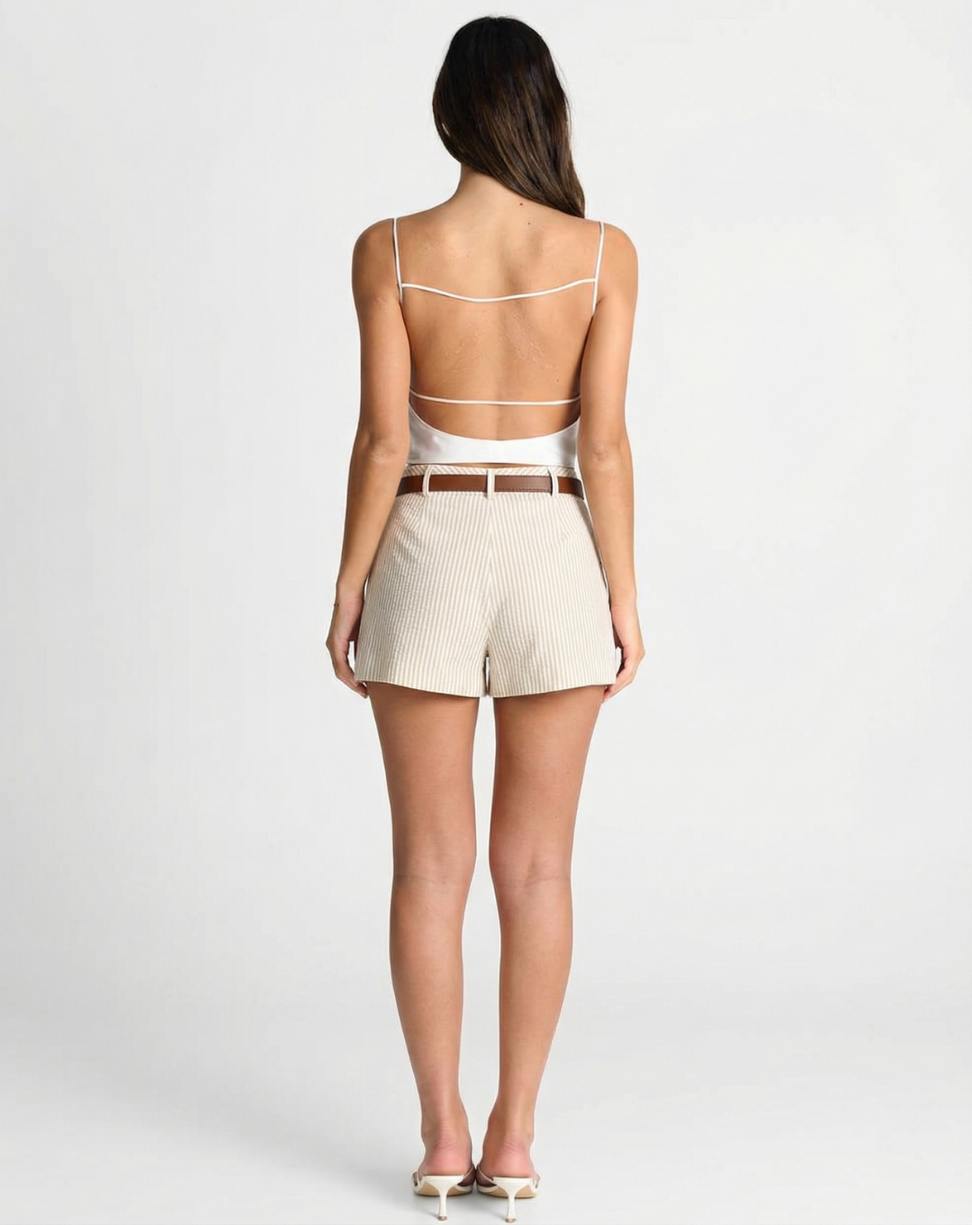 Thea | High Waisted Linen Shorts Cream Striped Tailored