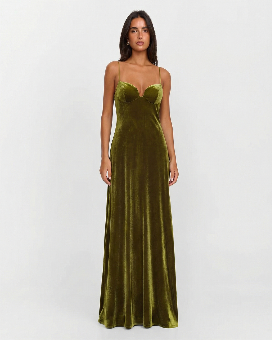 Margot | Velvet Maxi Dress Olive Green Sweetheart Neckline
