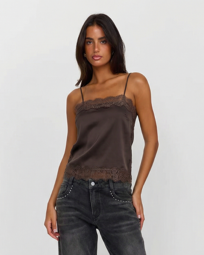 Iris | Elegant Satin Cami Top Brown Lace Trim Sleeveless