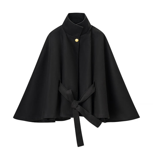 Esme | Black Jacket Belted High Neck Oversized Cape