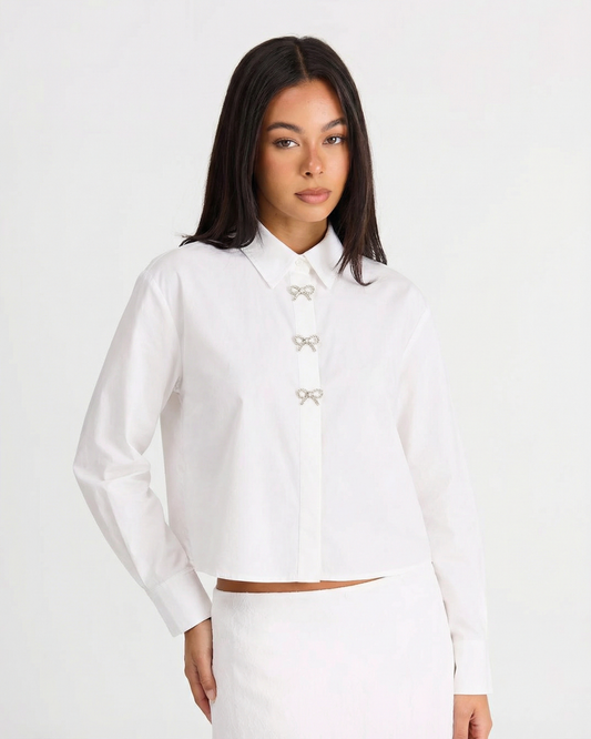 Mimi | Elegant Cropped Shirt White Bow Buttons