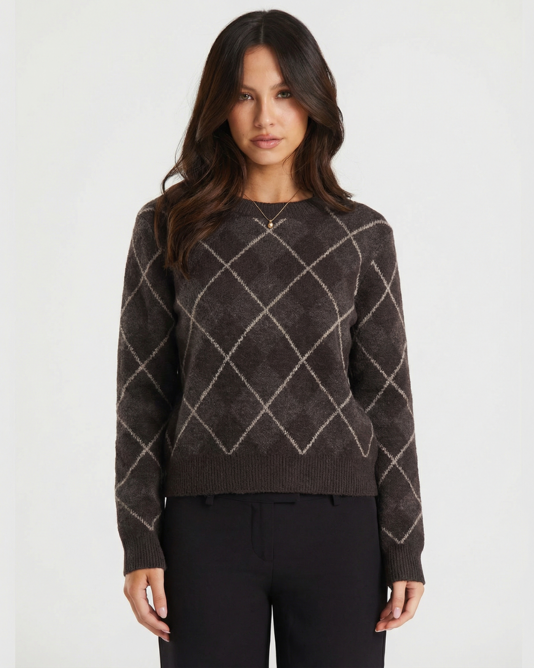 Margot | Casual Argyle Knitted Top Brown Diamond Pattern