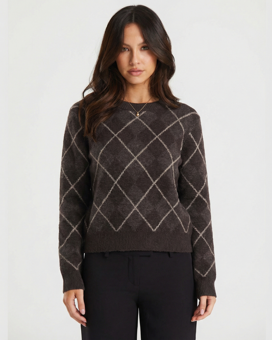 Margot | Casual Argyle Knitted Top Brown Diamond Pattern