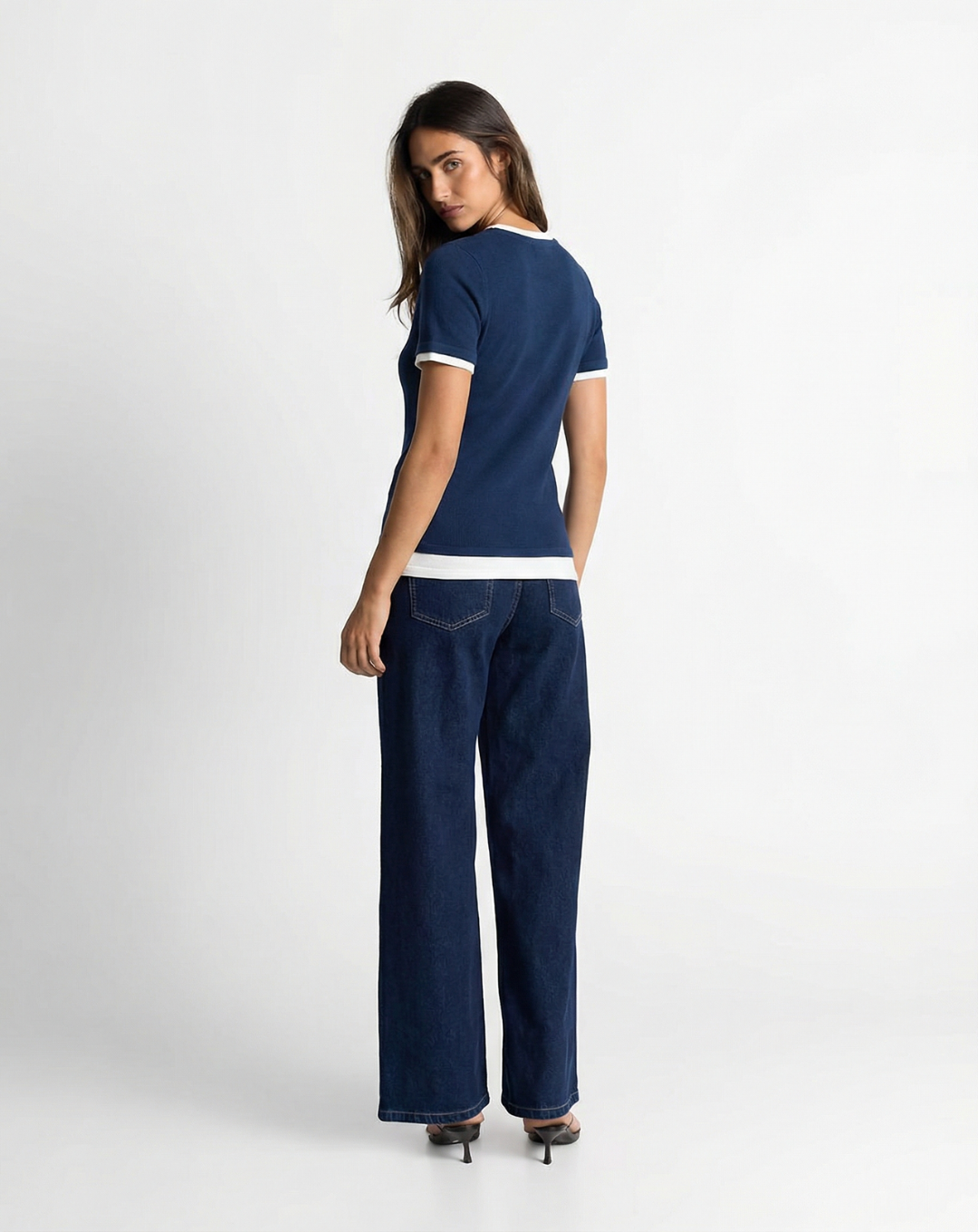 Thea | Cropped Fitted T Shirt Navy White Trim