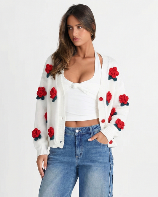 Vera | Floral Applique Cardigan White Red Roses Button Up
