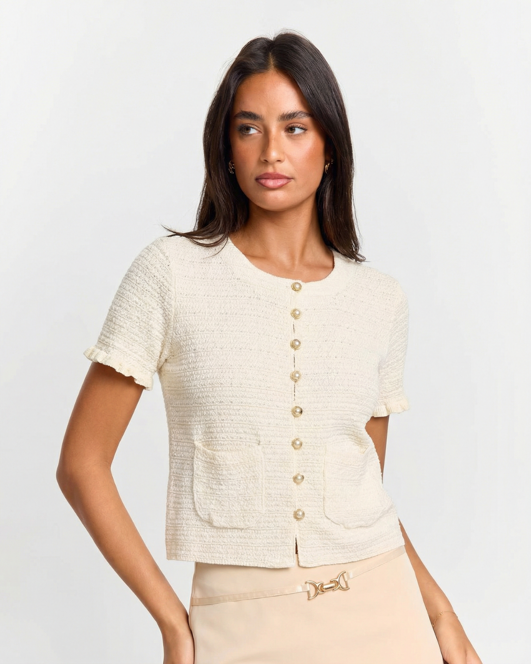 Fleur | Cream Knitted Top Short Sleeve Button Front Textured Cropped