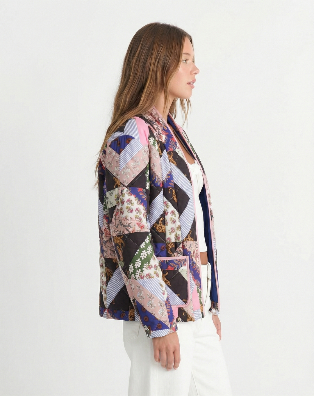 Tess | Quilted Jacket Patchwork Print Oversized Collarless Long Sleeve