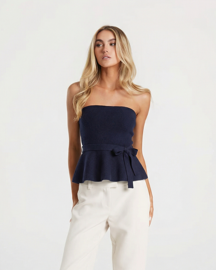 Viola | Elegant Peplum Top Navy Strapless Belted Fitted