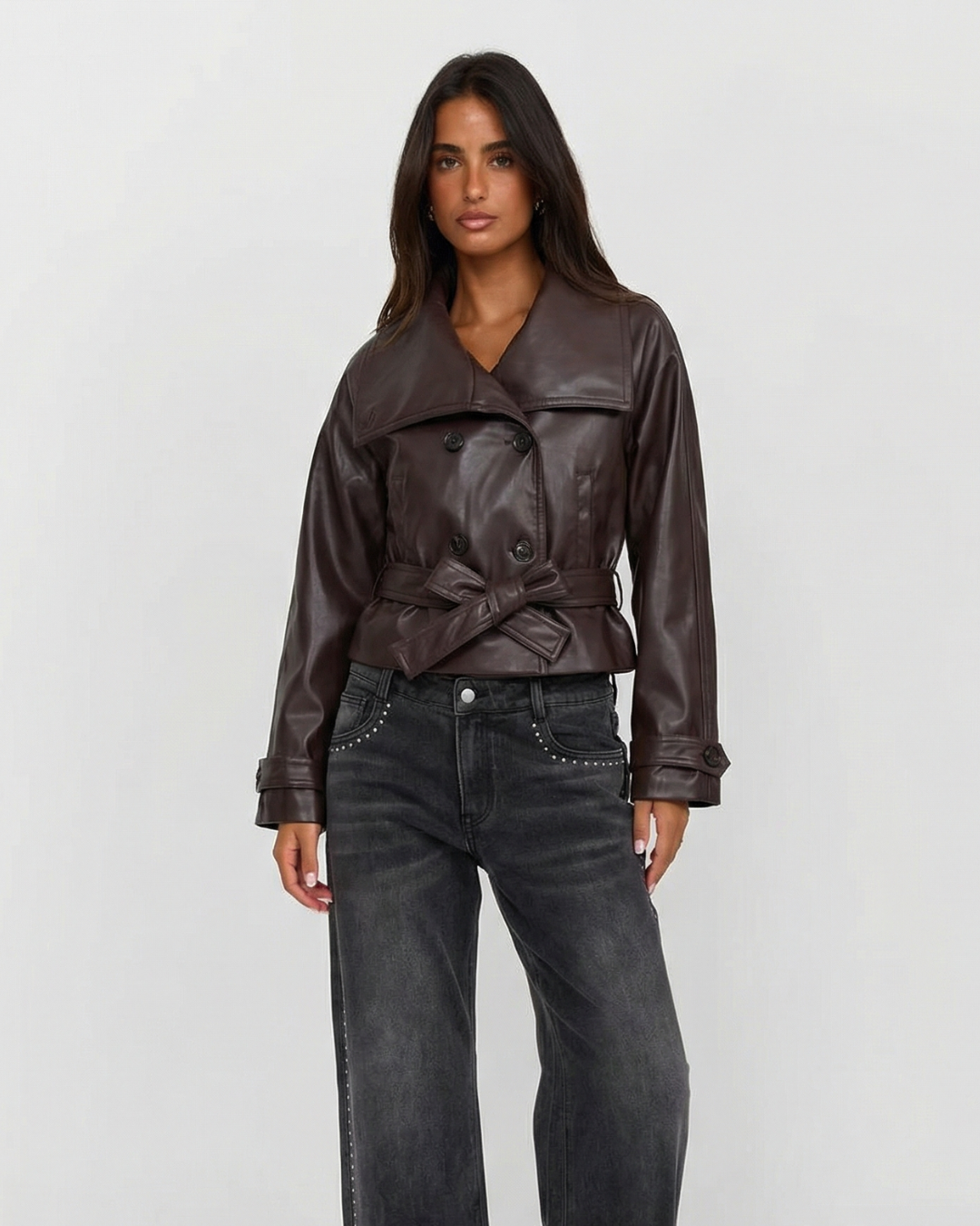 Vera | Cropped Faux Leather Jacket Brown Double Breasted Belted