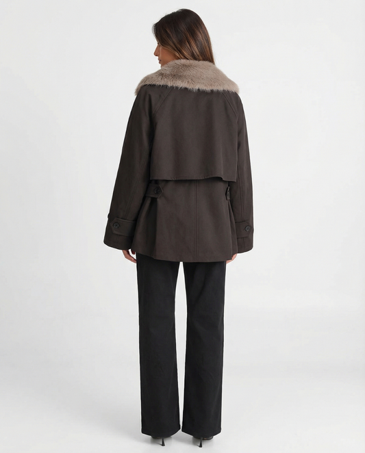 Vera | Faux Fur Collar Swing Jacket Brown Cropped