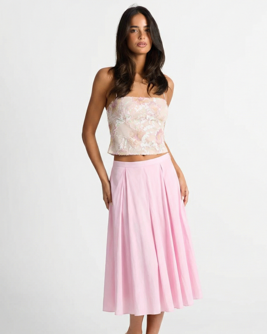 Tallulah | Elegant Pleated Midi Skirt Pink A Line Flowy