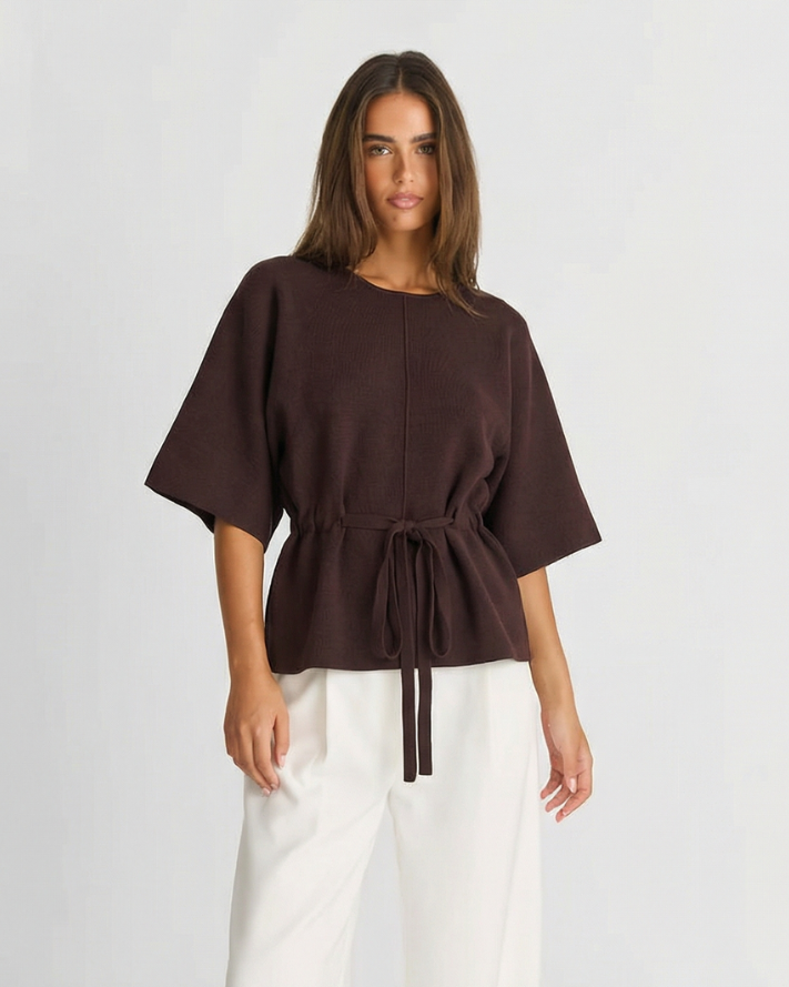 Margot | Relaxed Linen Blouse Brown Short Sleeve Tie Waist