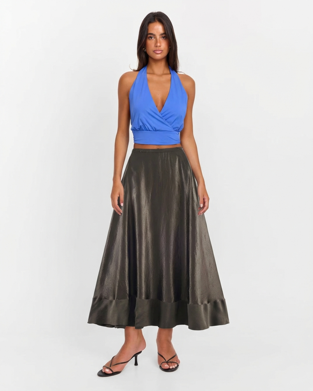 Margot | Satin A Line Midi Skirt Black High Waisted