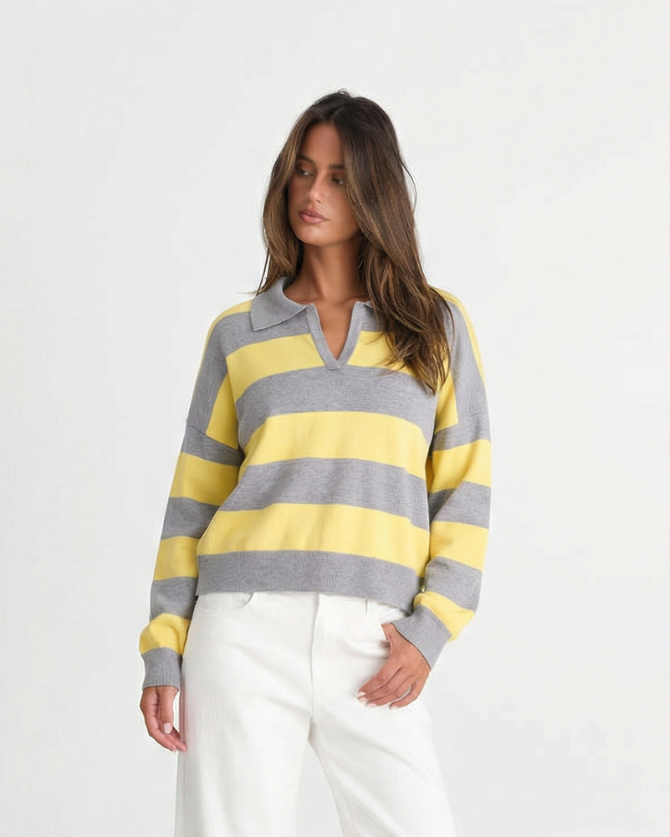 Phoebe | Cosy Striped Knit V-Neck Polo Jumper