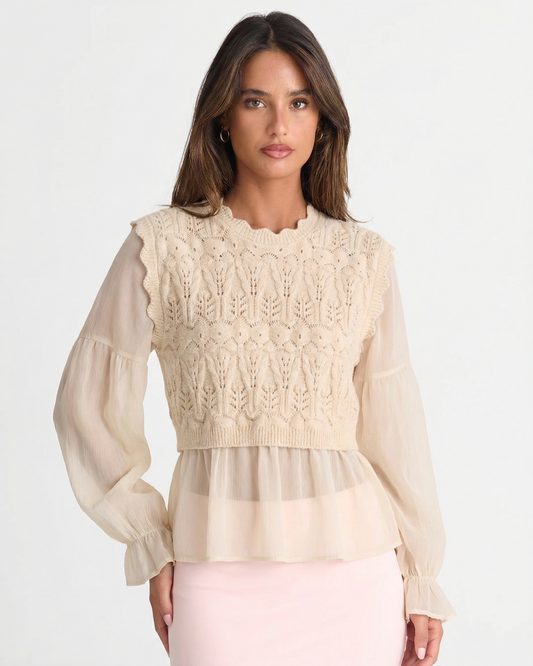 Edie | Elegant Crochet Knitted Top Cream Puff Sleeve