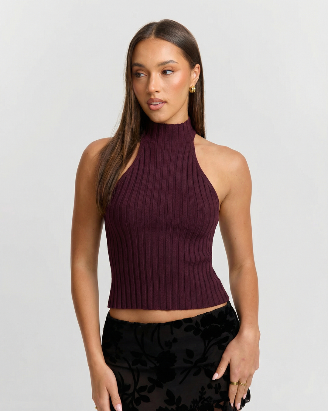 Faye | Ribbed Halter Top Burgundy Sleeveless Crop