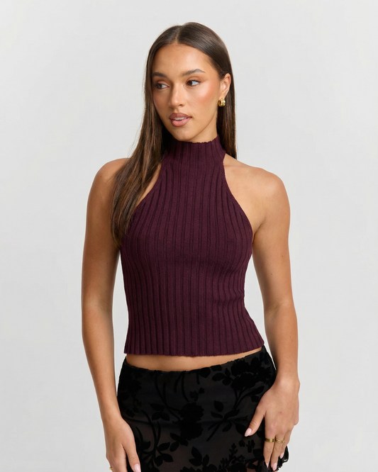 Cassia | Halter Neck Top Purple Knitted Ribbed Sleeveless Crop