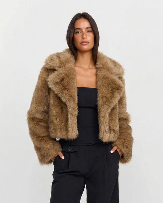 Celeste | Cropped Faux Fur Coat Brown Fluffy Collar