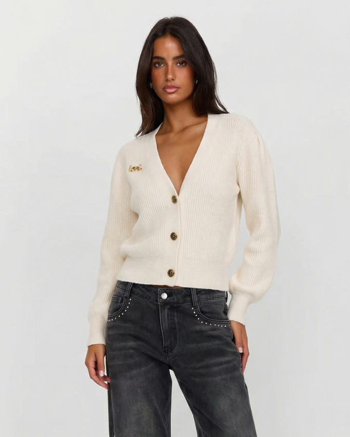 Liv | Ribbed Cardigan Cream V Neck Button Front Long Sleeve