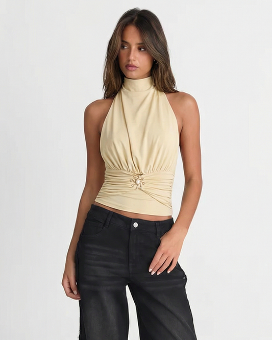 Jules | Elegant Halter Neck Top Cream Ruched High Neck Sleeveless