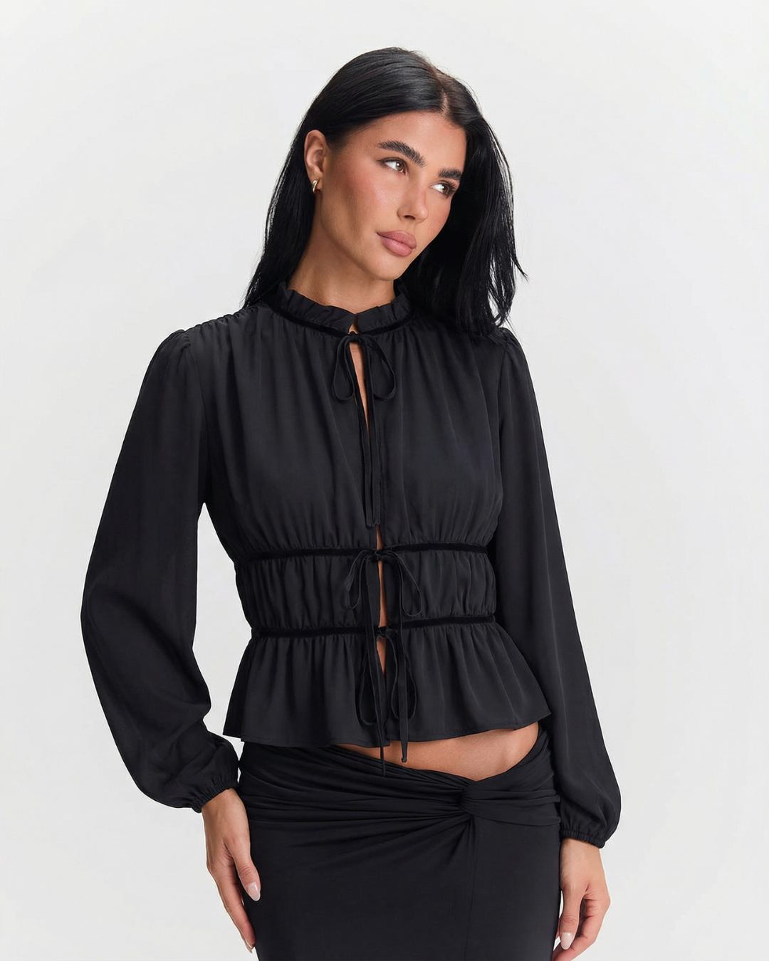 Ivy | Long Sleeve Blouse Black Tie Front Peplum