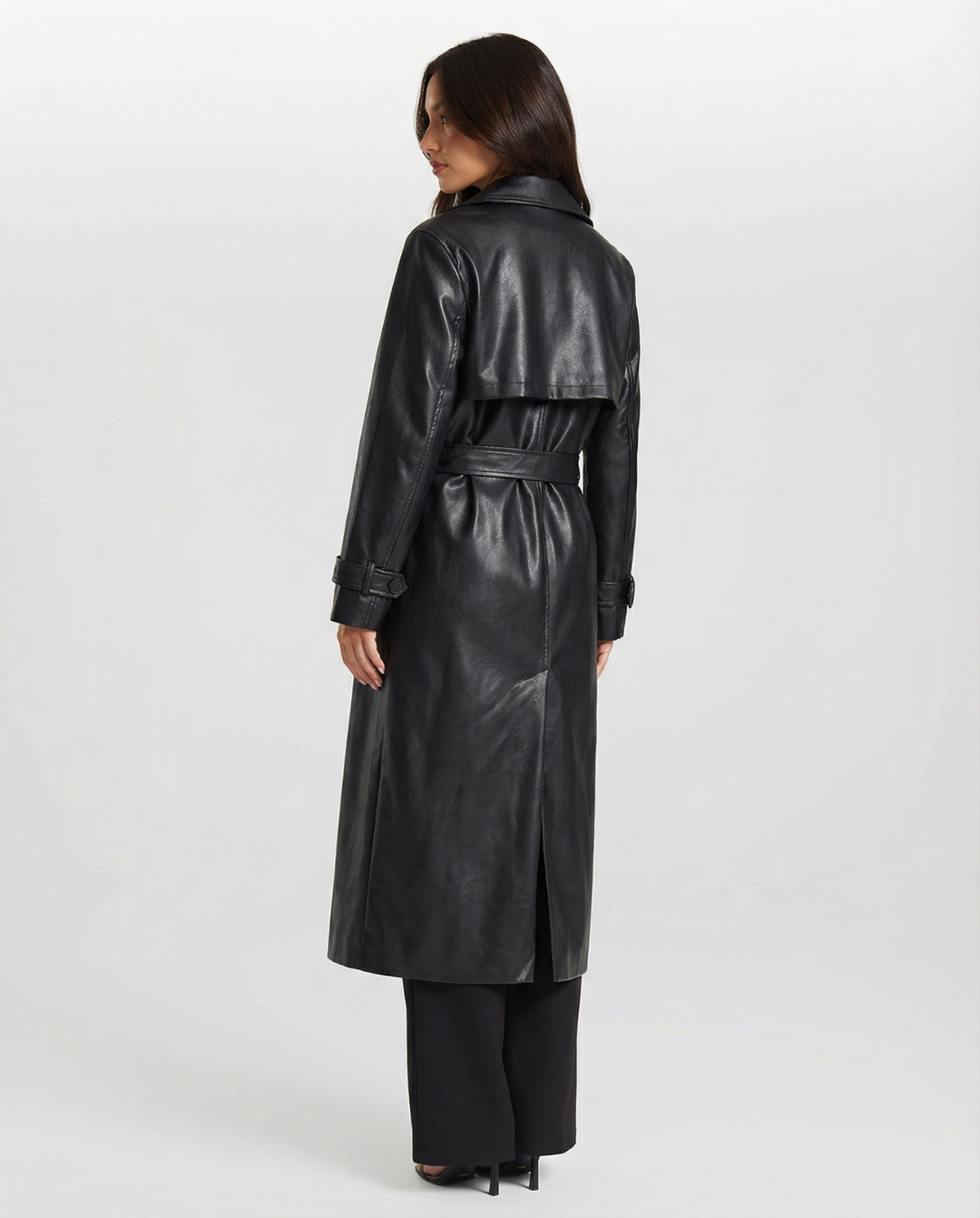 Vera | Belted Faux Leather Coat Black Long Sleeve