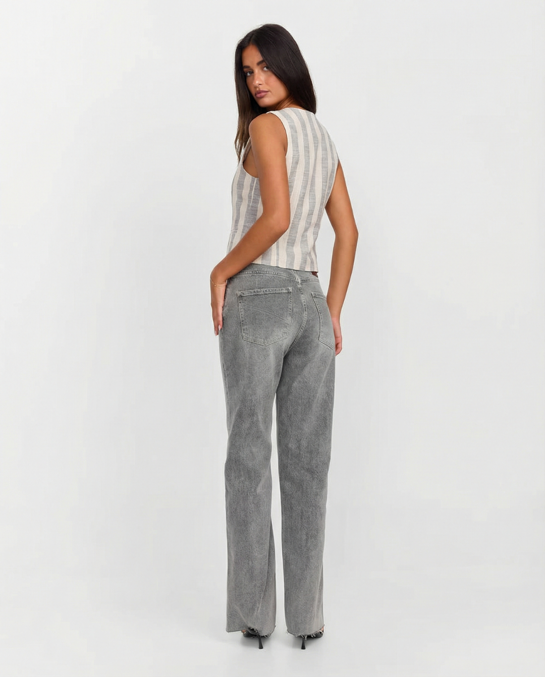 Leah | Striped Linen Vest Cream Button Front V Neck Sleeveless