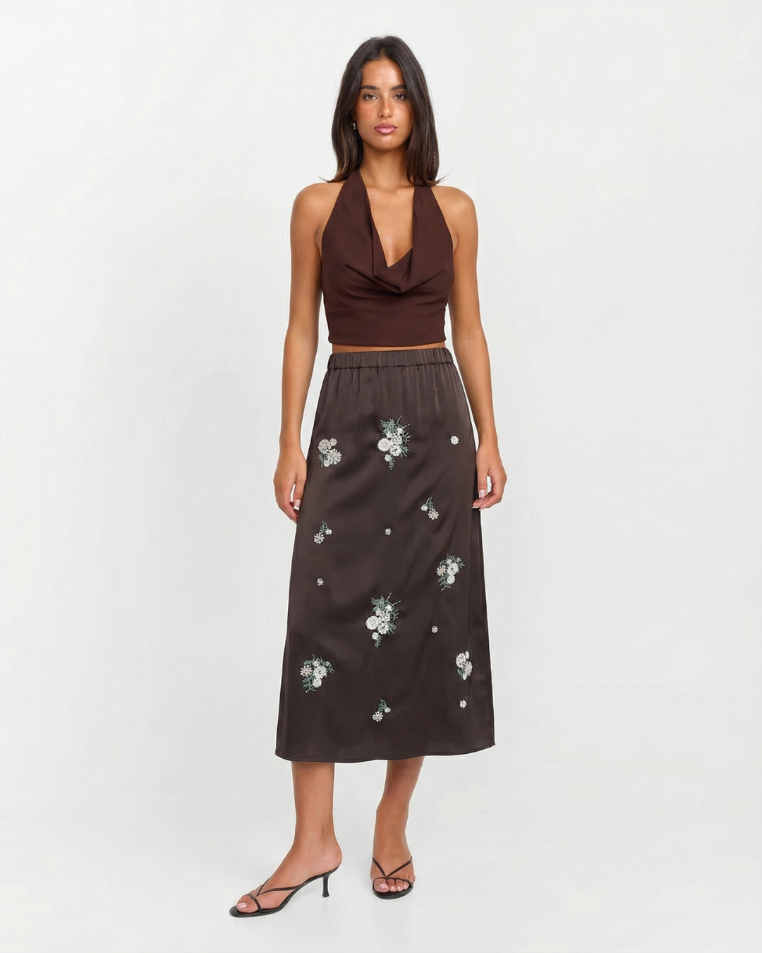 Flora | Elegant Satin Midi Skirt Brown Embellished Floral