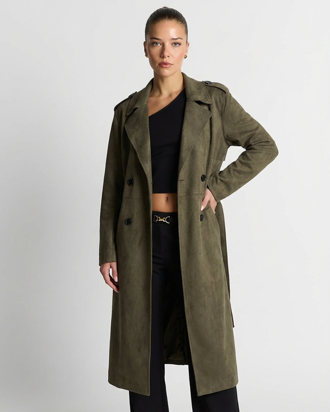 Margot | Suede Longline Trench Coat Olive Double Breasted
