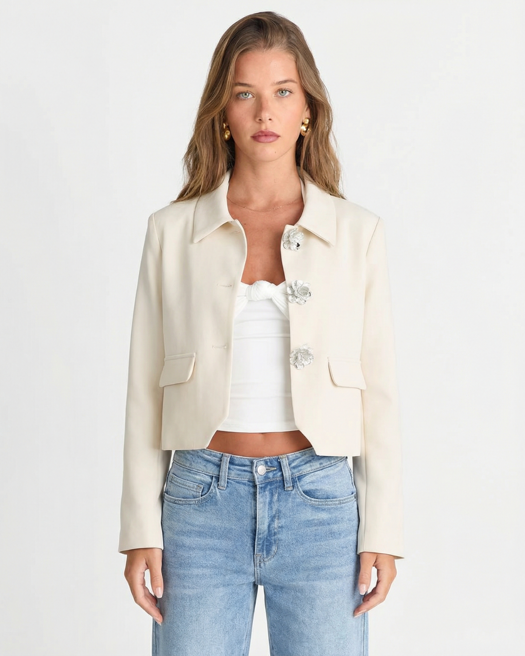Vera | Cropped Blazer Cream Collared Button Front