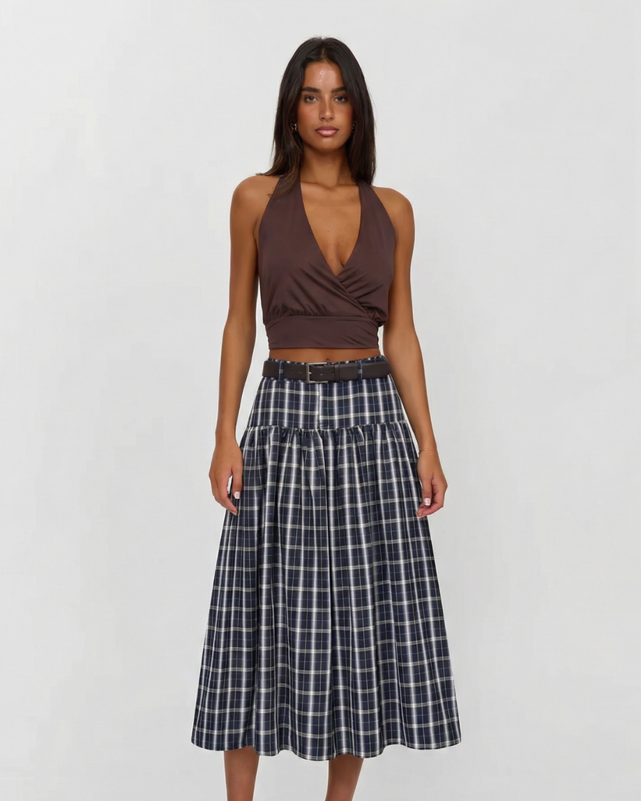 Willa | Midi Skirt Navy Check Pleated Belted Tiered A Line