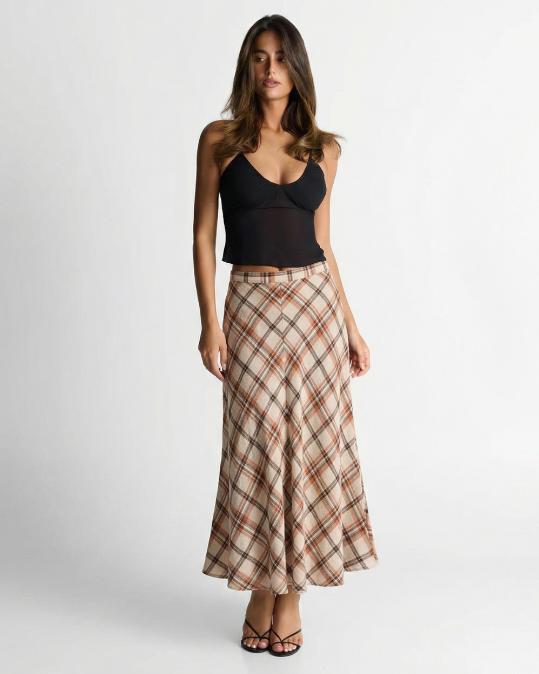 Viola | Autumn Maxi Skirt Beige Check A Line Flared