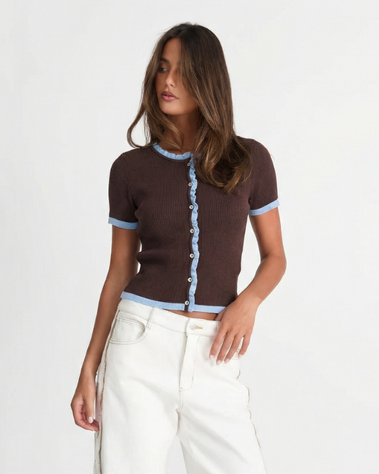 Iona | Brown Knitted Top Short Sleeve Button Front Crew Neck