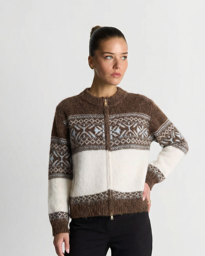 Vera | Fair Isle Zip Up Cardigan Brown Cream Color Block
