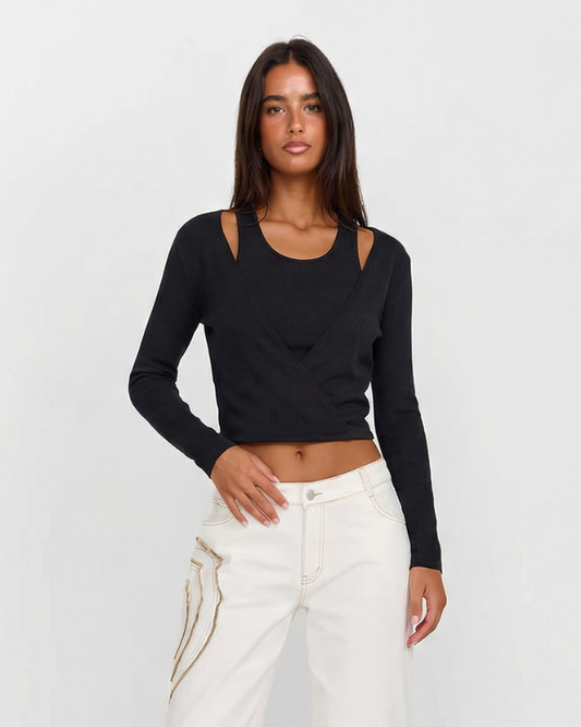 Darcy | Long Sleeve Black Top Cut Out Crop Fitted