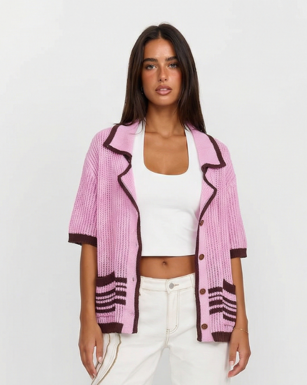 Florence | Pink Relaxed Open Knit Polo Cardigan