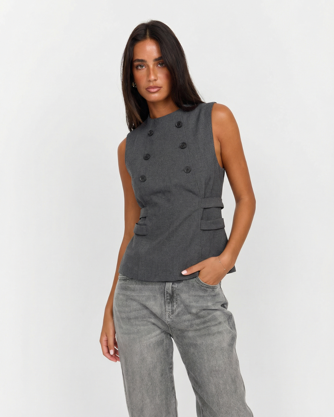 Rue | Sleeveless Blazer Grey Double Breasted Fitted Tailored