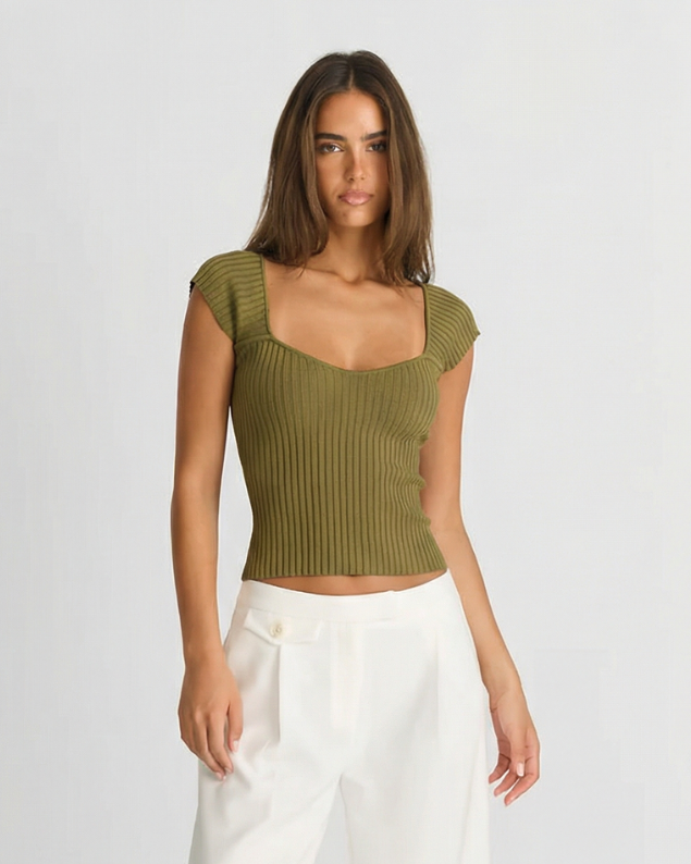 Vera | Ribbed Short Sleeve Crop Top Green Scoop Neck