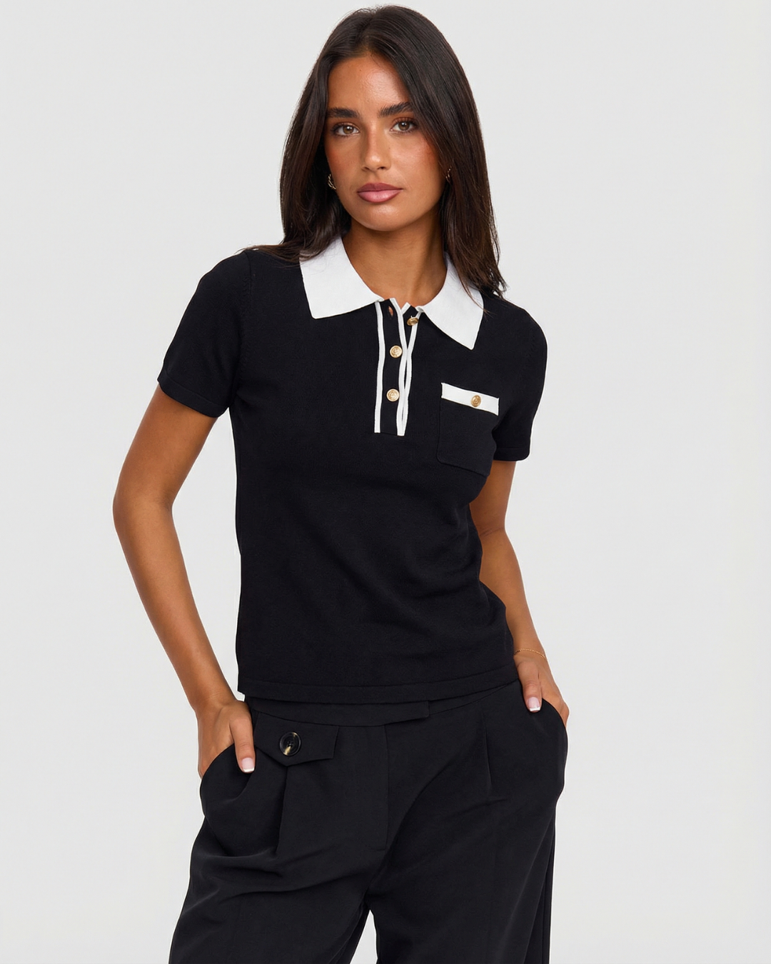 Thea | Preppy Contrast Collar Polo Top Black White Short Sleeve