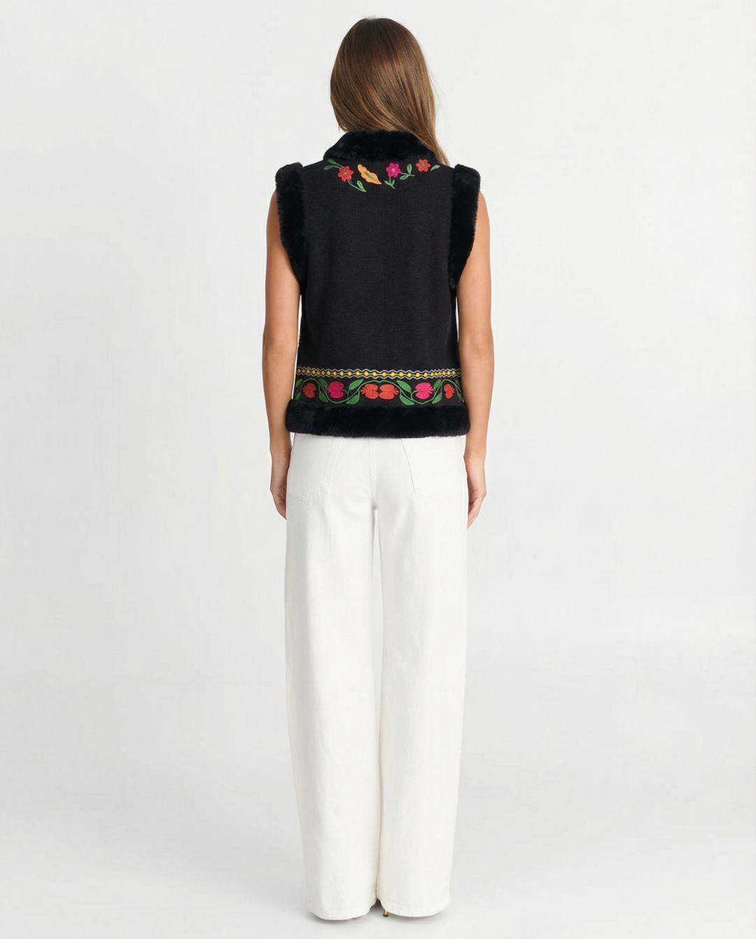 Margot | Embroidered Faux Fur Cardigan Black Floral Sleeveless